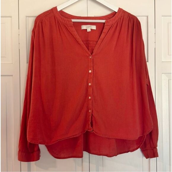 Loft cotton orange cropped button front blouse small - Picture 3 of 10